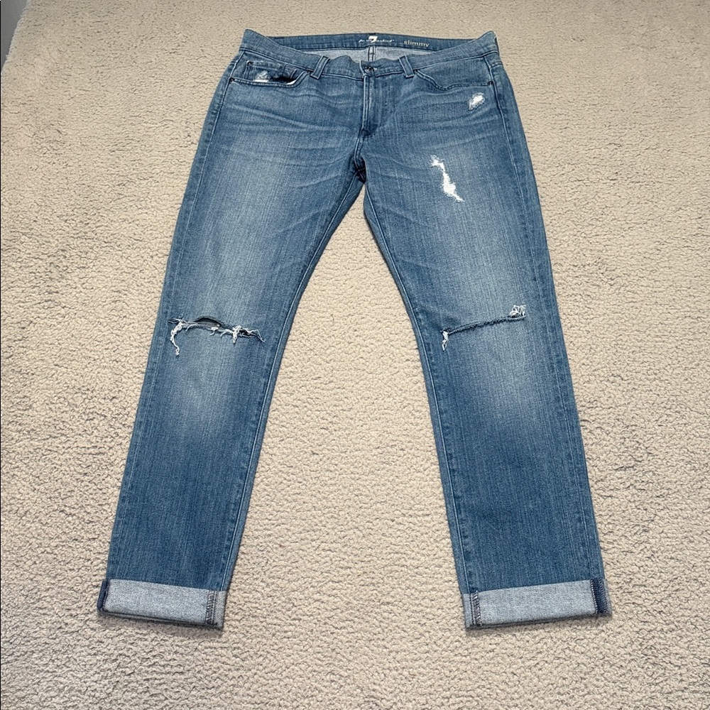 7 For All Mankind Distressed Slim Straight Jeans Medium Wash Cuffed Hem size 33
